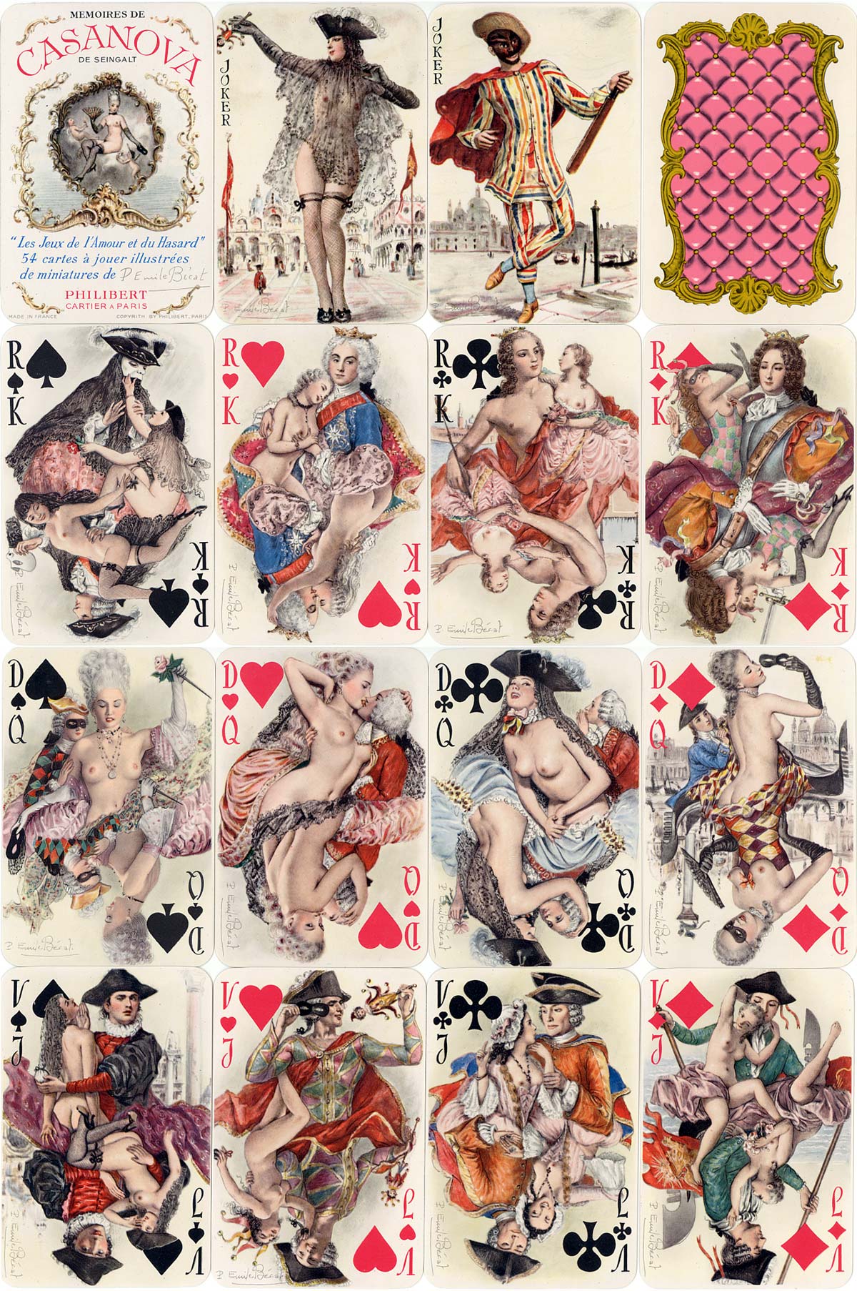 Mémoires de Casanova artistic and lightly risqué playing cards with paintings by Paul-Émile Bécat, published by Éditions Philibert, Paris, c.1960. 