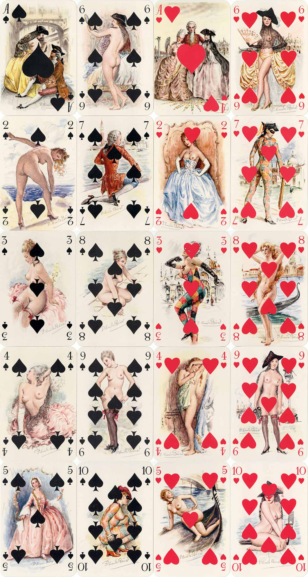 Mémoires de Casanova artistic and lightly risqué playing cards with paintings by Paul-Émile Bécat, published by Éditions Philibert, Paris, c.1960. 