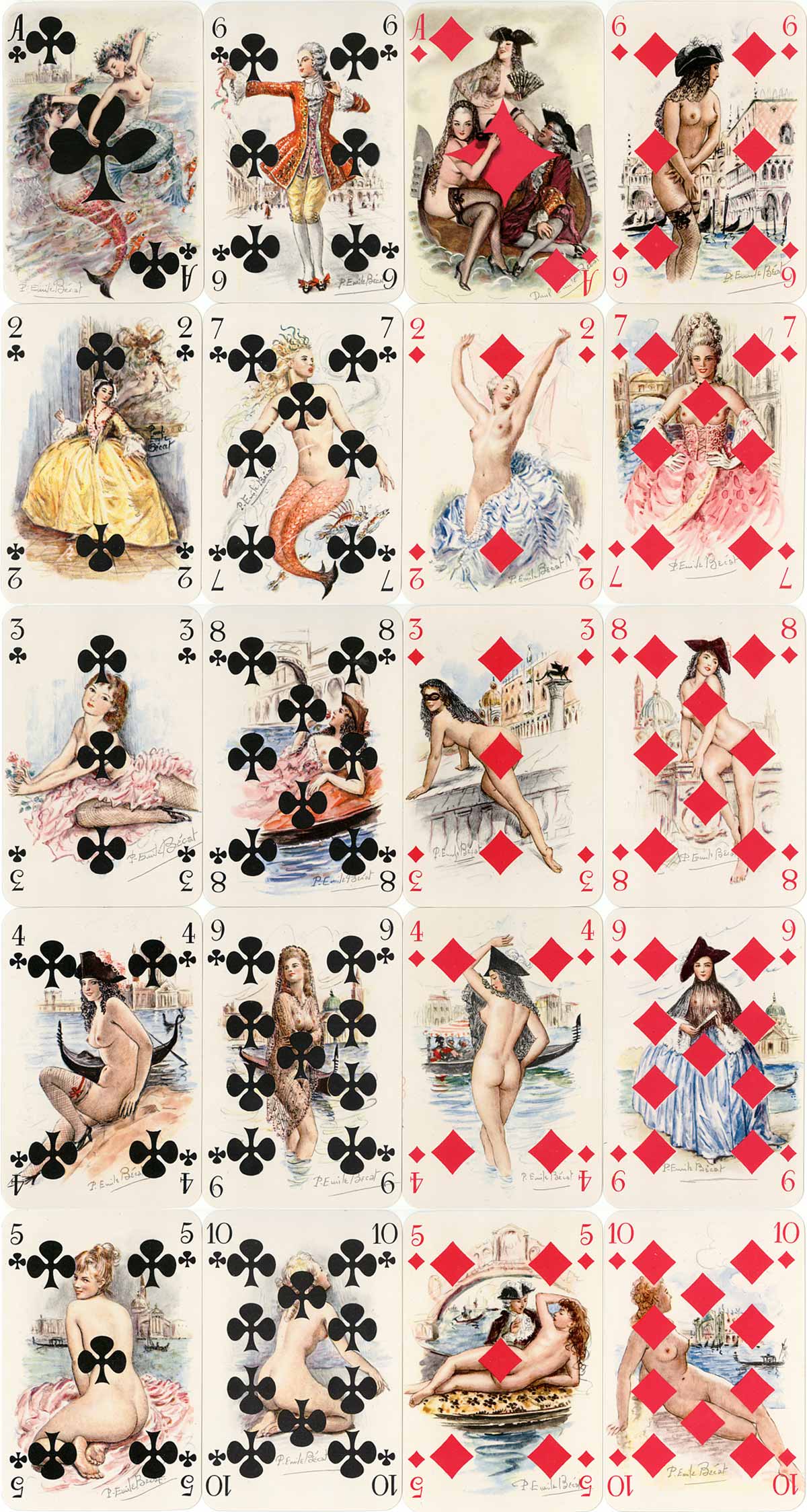 Mémoires de Casanova artistic and lightly risqué playing cards with paintings by Paul-Émile Bécat, published by Éditions Philibert, Paris, c.1960. 