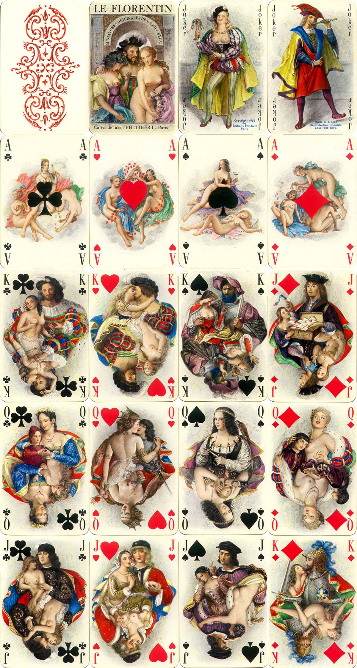 Le Florentin luxury playing cards with miniature paintings by Paul-Émile Bécat, published by Éditions Philibert, Paris, 1956