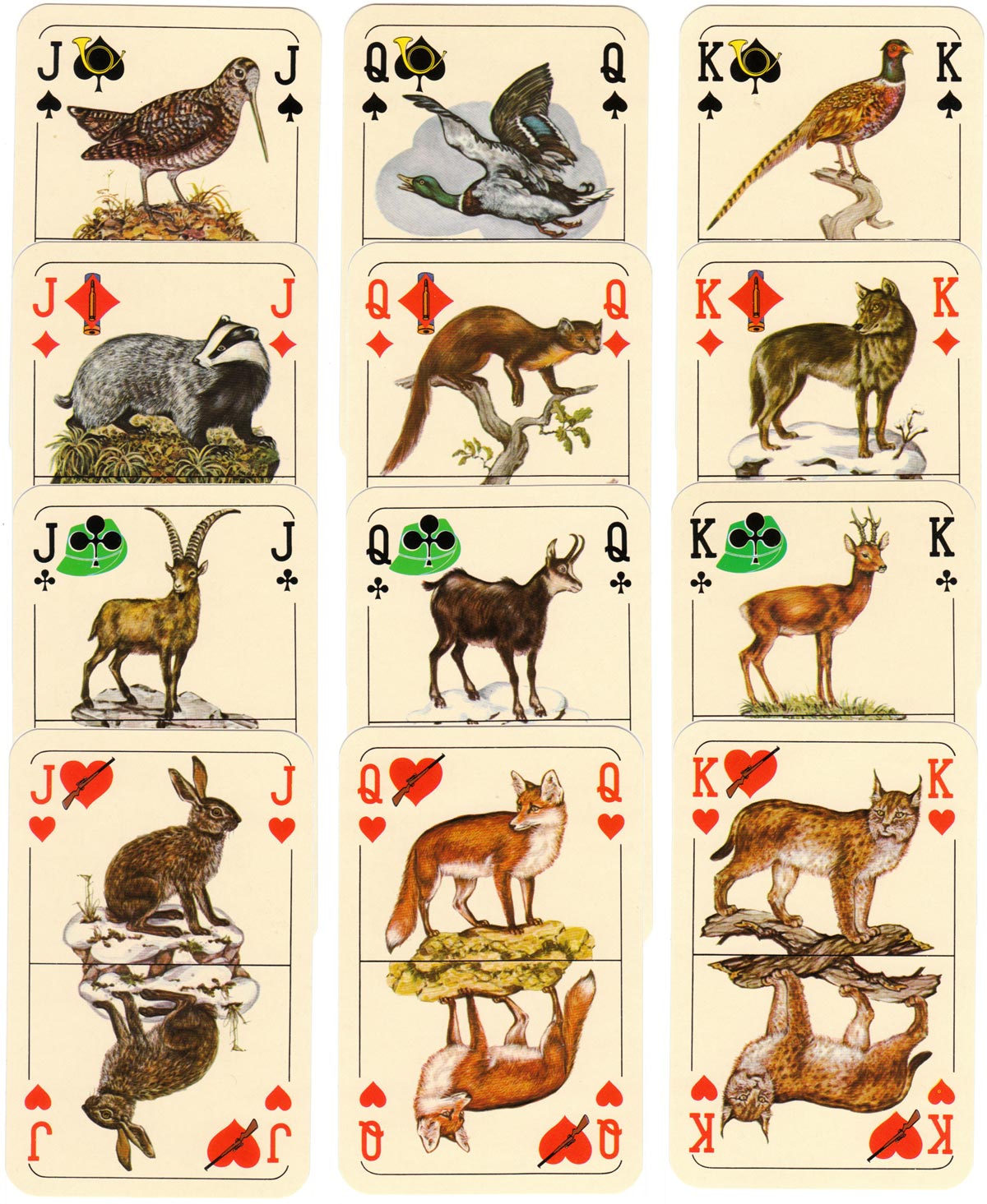 “Hunter’s Bridge” playing cards by ASS depicting animals and associated symbols of hunting, c.1976