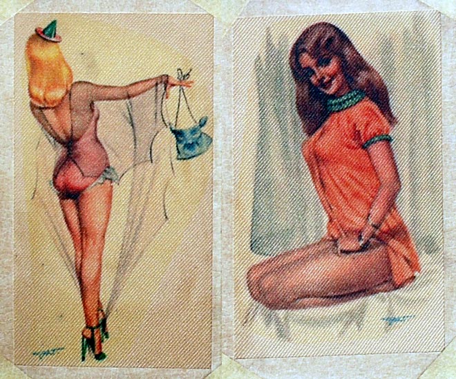 Two Heinz Villiger 1950s pinups printed on silk