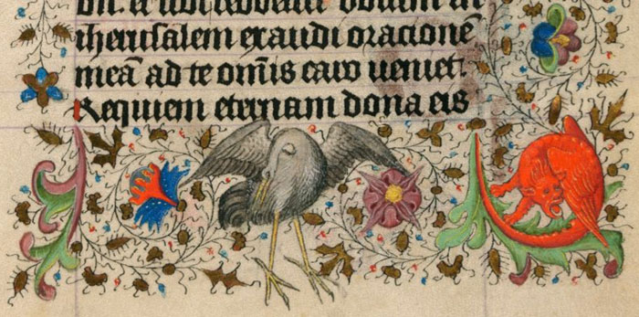 border detail showing a heron from St. Michael Weighing Souls, illuminated by the Master of Catherine of Cleves, Utrecht, The Netherlands, c.1440. Morgan Library & Museum MS M.945, f. 108v–M.917, p. 29