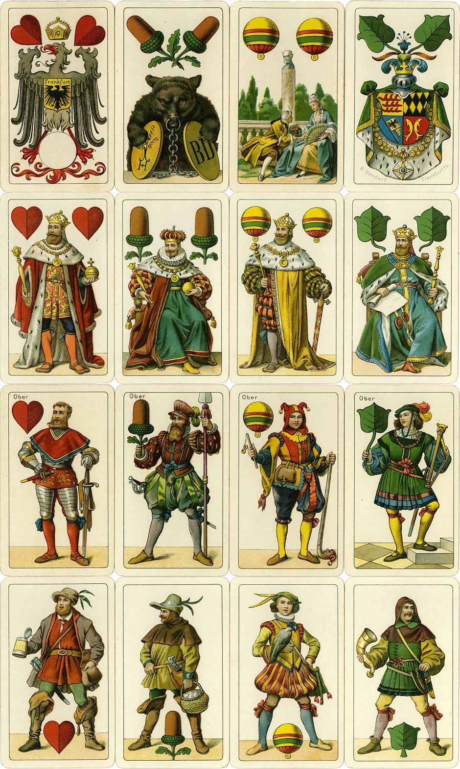 Deuces and Court cards from Dondorf's Einköpfige Deutsche Spielkarte No.303