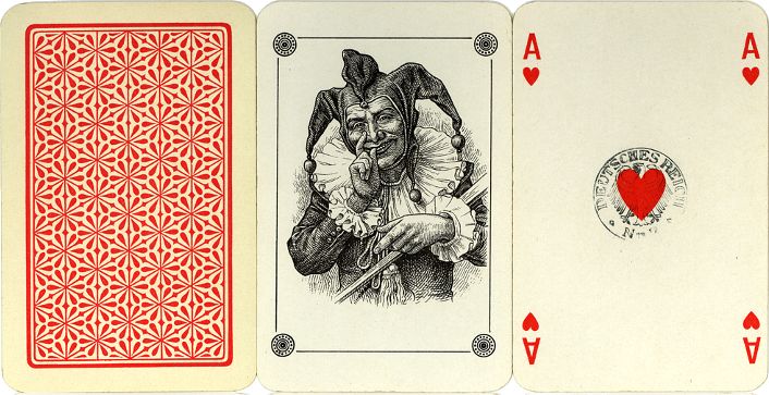 Back design, the Joker and Ace of Hearts from Dondorf's Neue Klubkarte No.422, published during the period 1926-1933