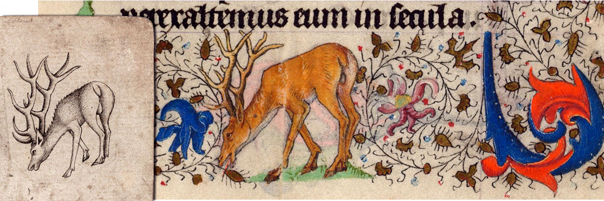 border detail showing a grazing deer from St. Michael Weighing Souls, illuminated by the Master of Catherine of Cleves, Utrecht, The Netherlands, c.1440. Morgan Library & Museum MS M.945, ff. 89v–90r