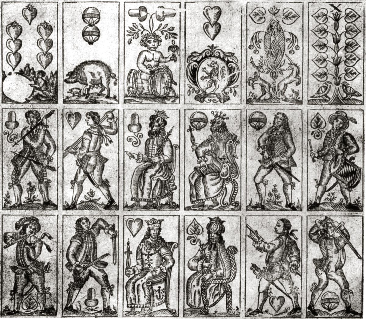 Uncut sheet of German-suited playing cards in the old Bavarian pattern