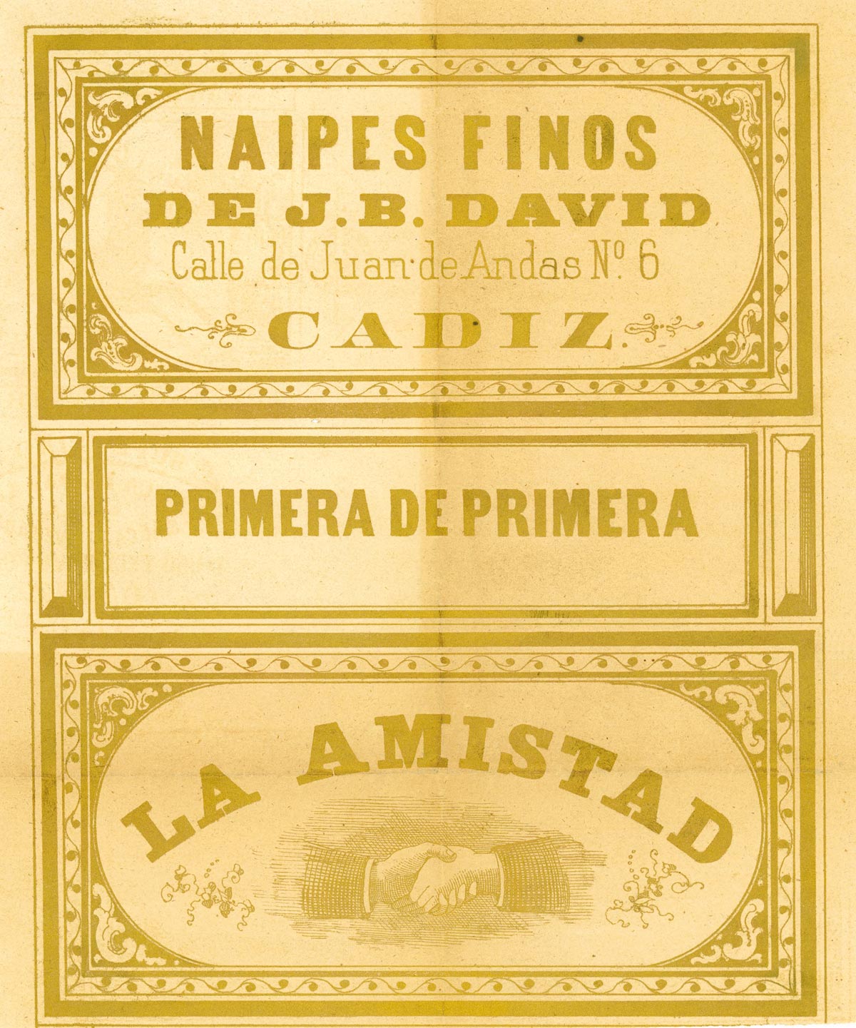 Wrapper from “La Amistad” deck produced by Wüst for J. B. David in Cadiz, Spain, c.1880