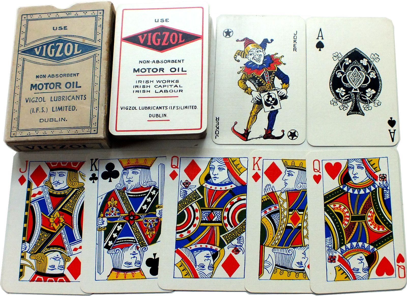 Vigzol Motor Oil advertising playing cards made by the Irish Playing Card Mfg Co., 1920s Vigzol Motor Oil advertising playing cards, c.1920s