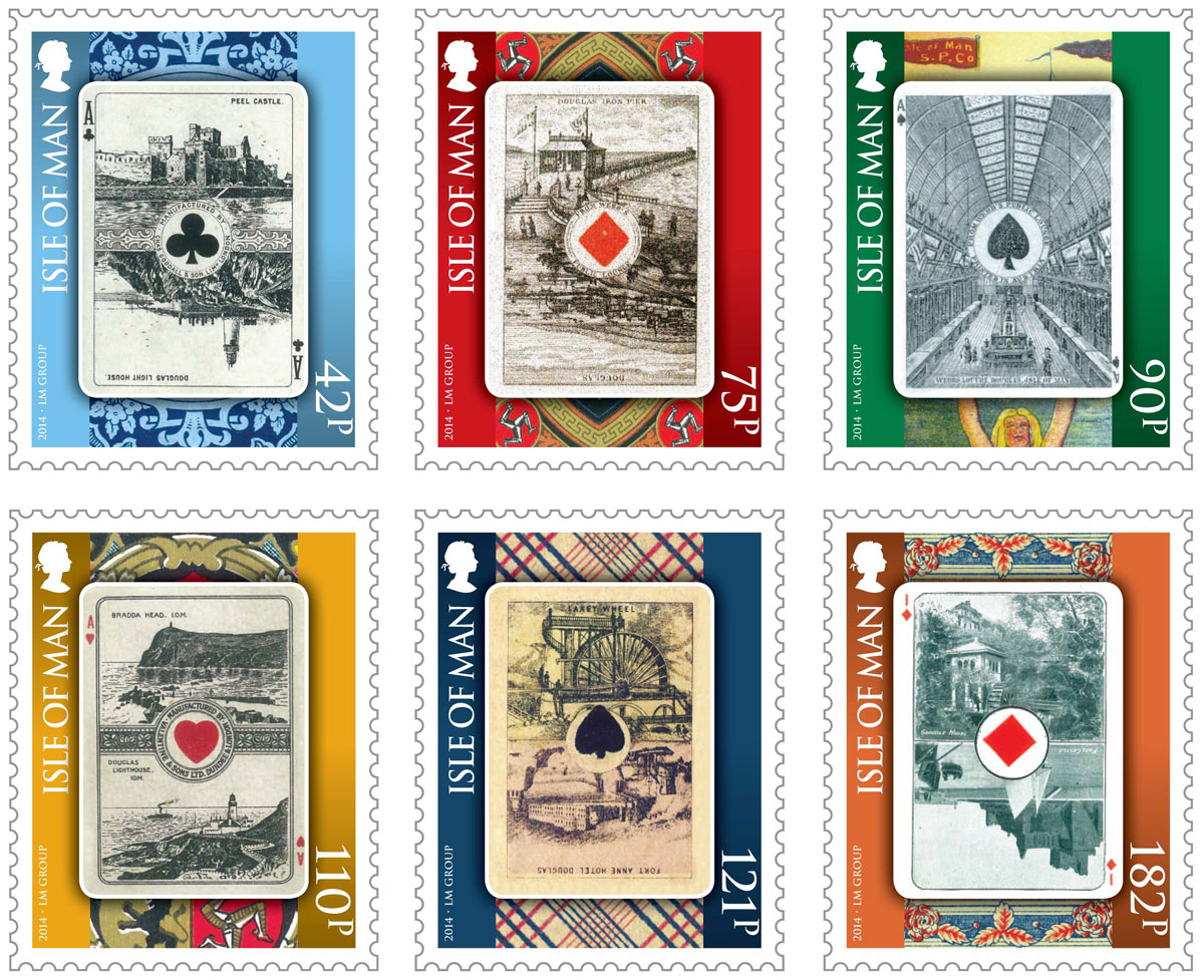 six full colour stamps issued by Isle of Man Stamps & Coins on 8th August 2014 featuring antique Isle of Man playing cards