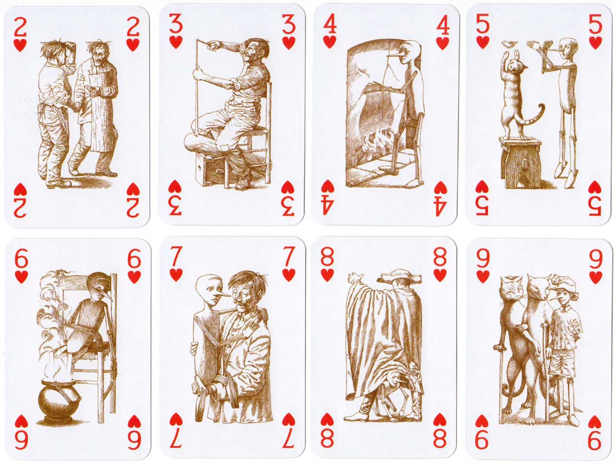 Pinocchio fairy tale playing cards illustrated by Iassen Ghiuselev for Lo Scarabeo, 2003