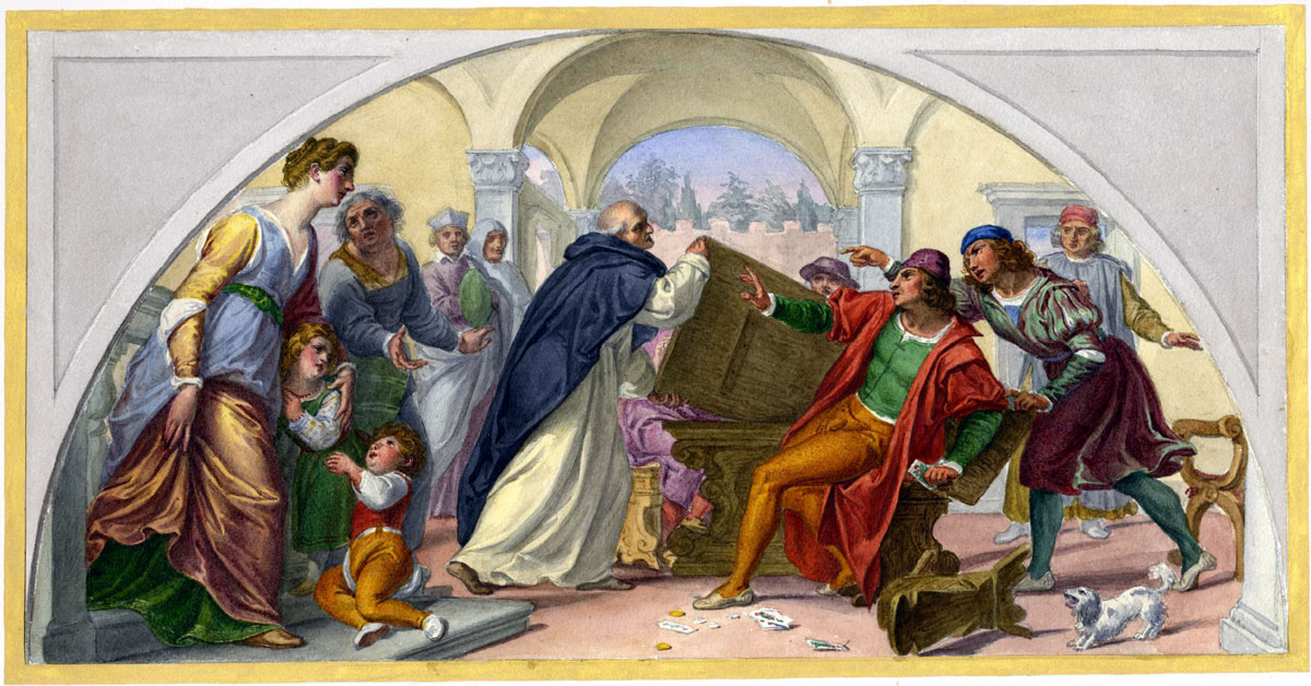 Dominican monk disturbing a party of card players and upsetting their table, painting by Giuseppe Turchi. Florence