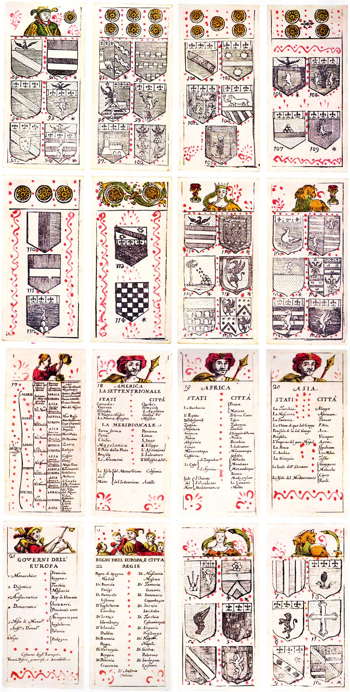 “L’Utile col Diletto, ossia geografia intrecciata nel giuoco de Tarocchi”, a set of Geographical and Heraldic Tarocchi cards published in Bologna, 1725