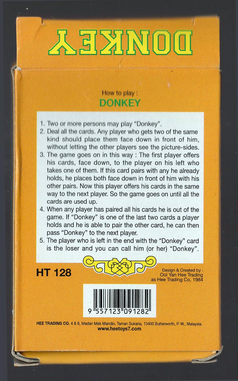 “Donkey” children's card game by Ooi Yan Hee, manufactured by Hee Trading Co., Malaysia, 1984 “Donkey” children's card game designed by Ooi Yan Hee, manufactured by Hee Trading Co., Malaysia, 1984
