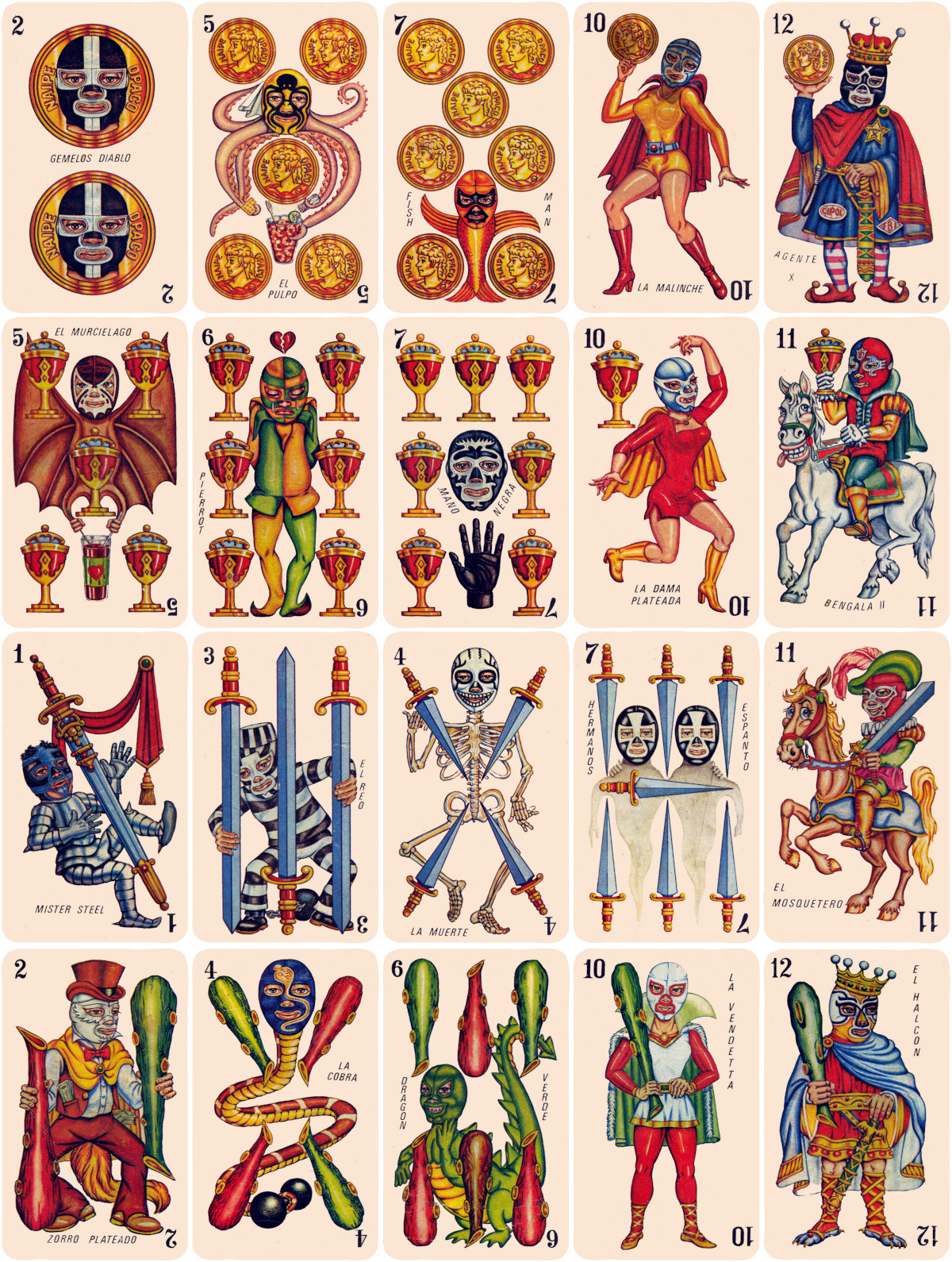 Naipes de la baraja “Luchadores mexicanos” compuesta por 40 cartas de 75 x 130 mm. Impresa en México c. 1970. Fabricante desconocido