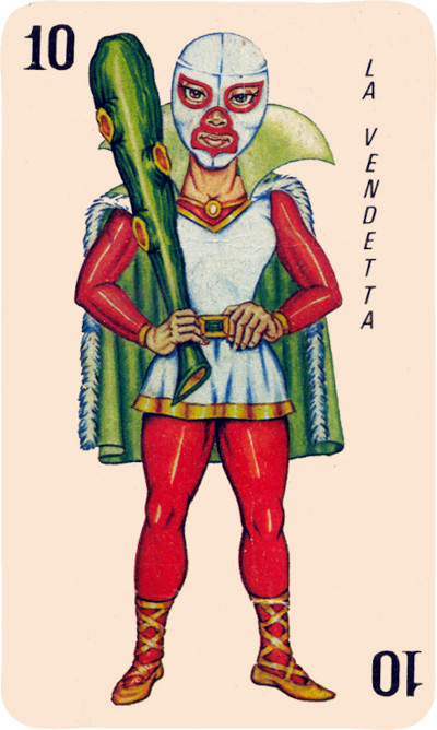 Naipes de la baraja “Luchadores mexicanos” compuesta por 40 cartas de 75 x 130 mm. Impresa en México c. 1970. Fabricante desconocido