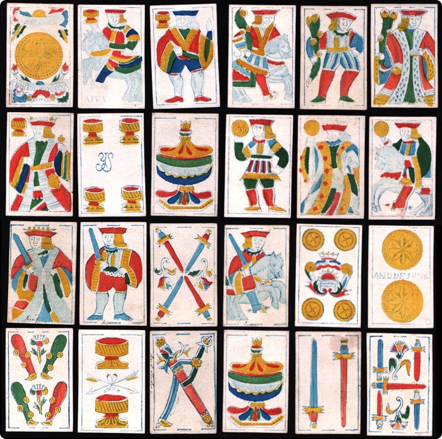 40-card Spanish-suited woodblock and stencil pack made in Mexico by Bartolo Borrego, 1836