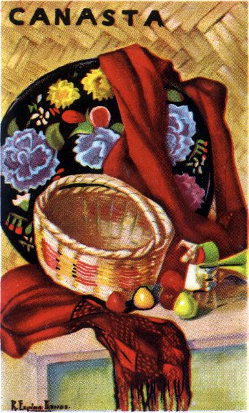 painting by Ramón Espino Barros (1918-2000) on the reverse of a double Canasta set printed by Clemente Jacques y Cia., S.A., Mexico, c.1950