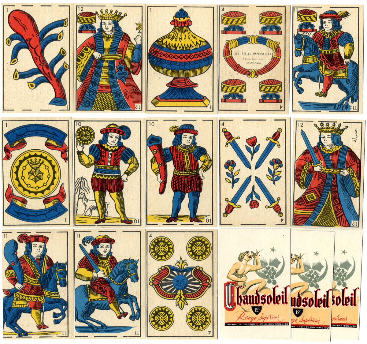 Spanish-suited playing-cards with advertising for Chaudsoleil red wine, manufactured by Imprimerie Belles Impressions, S.A., Casablanca, Morocco Spanish-suited playing-cards with advertising for Chaudsoleil red wine, manufactured by Imprimerie Belles Impressions, S.A., Casablanca, Morocco