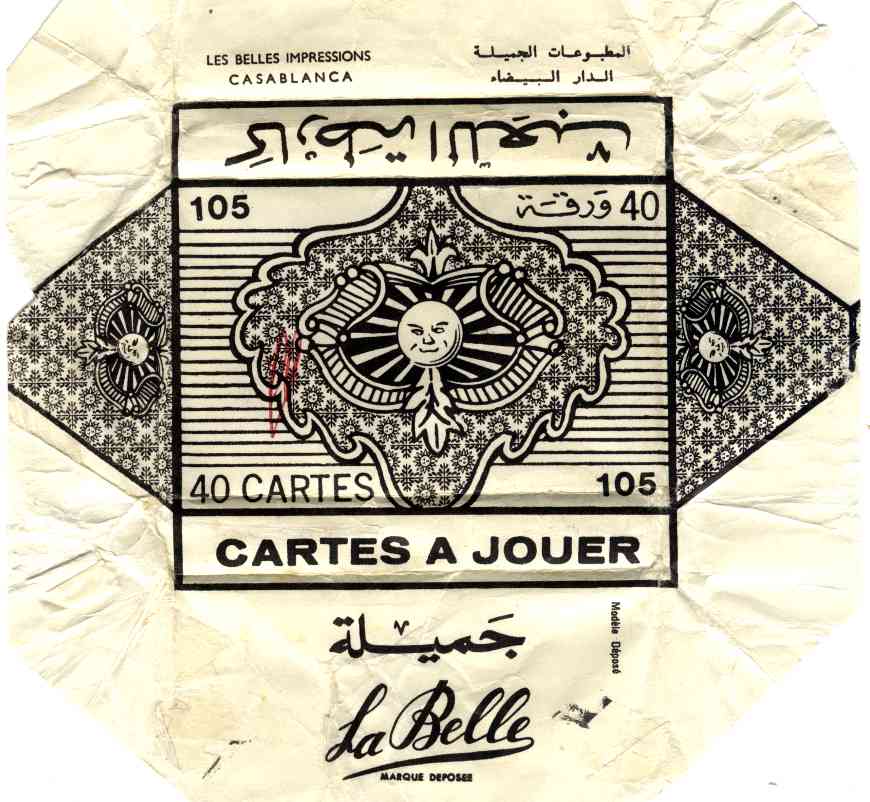 wrapper from Spanish-suited playing-cards with advertising for Chaudsoleil red wine, manufactured by Imprimerie Belles Impressions, S.A., Casablanca, Morocco