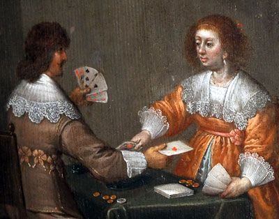 detail from “Man and Woman Playing Cards” painting by Dutch artist from the circle of Anthoine Palamedesz (1601-1673)