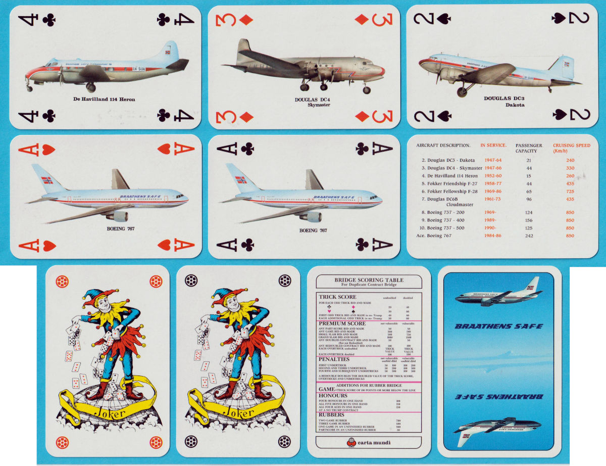 airline playing cards made by Carta Mundi, Turnhout, Belgium, for Braathens SAFE, Oslo, Norway, c1990