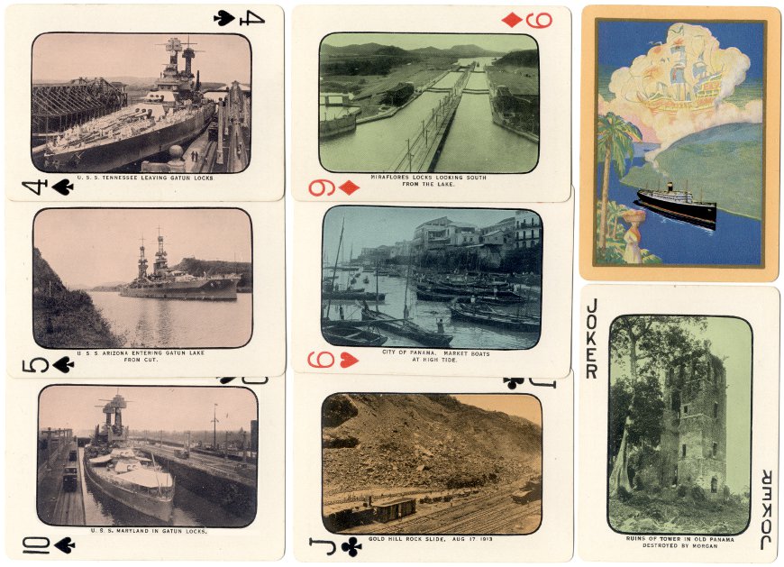 Cards from the 1926 edition of Panama Souvenir Playing Cards, manufactured by the U.S. Playing Card Co., Cincinnati, U.S.A. Cards from the 1926 edition of Panama Souvenir Playing Cards, manufactured by the U.S. Playing Card Co., Cincinnati, U.S.A.