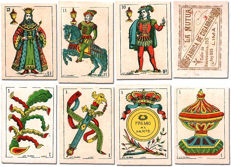 cigarette insert playing cards for La Mutua tobacco company printed by Litografía Fabbri, Lima, Peru, c.1900