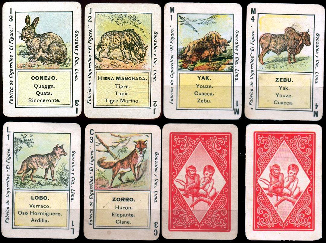 Animals Quartet playing cards printed for Cigarrillos El Figaro, Peru, early 1900s