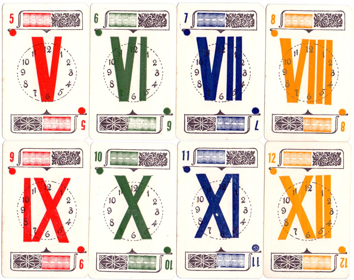 Cards from El Reloj card game manufactured by Imprenta Lecaros, Lima, Peru, c.1920 Cards from El Reloj card game manufactured by Imprenta Lecaros, Lima, Peru, c.1920
