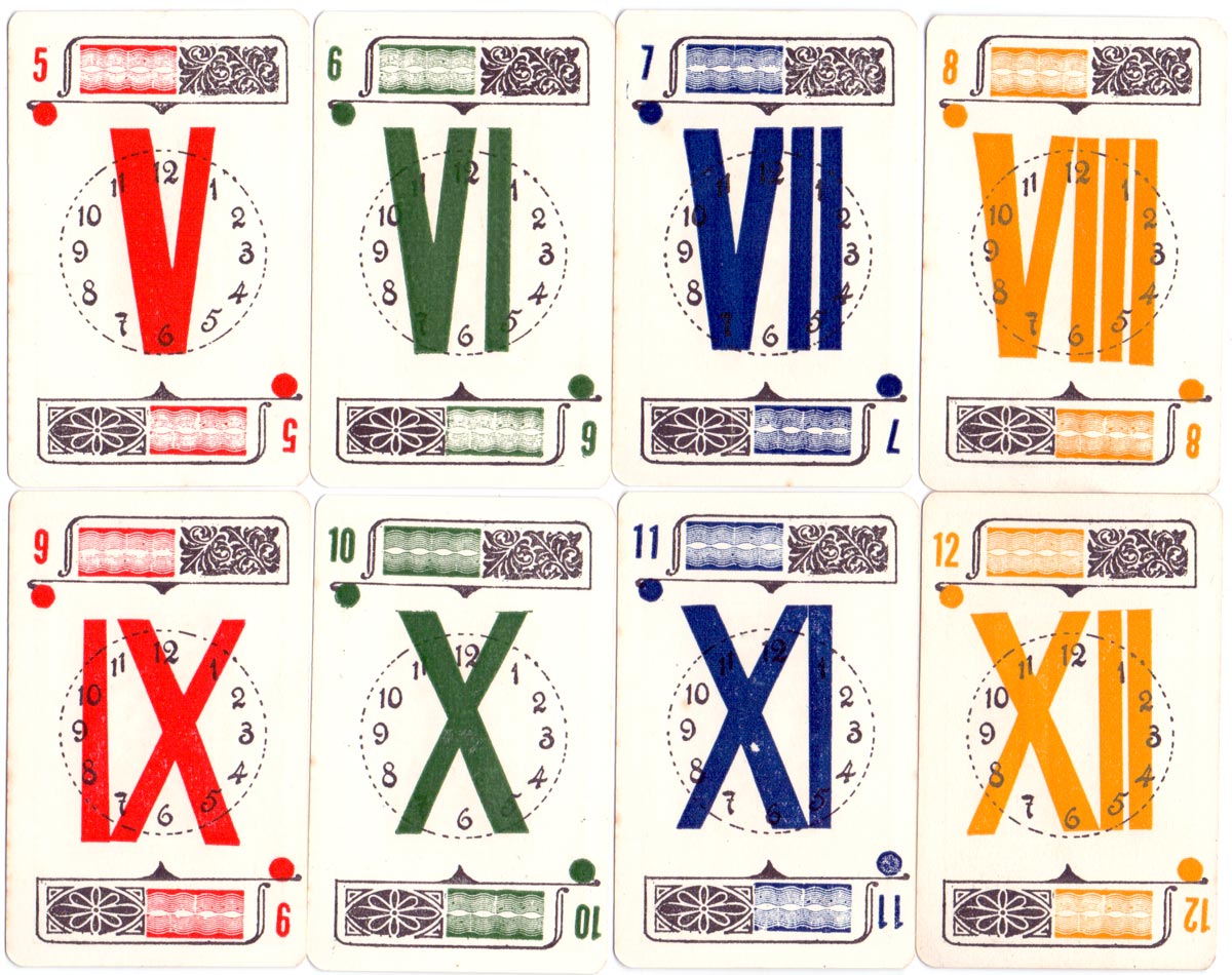 Cards from El Reloj card game manufactured by Imprenta Lecaros, Lima, Peru, c.1920