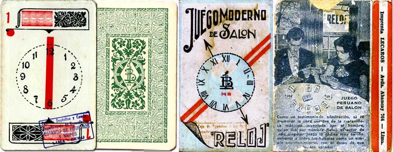 Box and card from El Reloj card game manufactured by Imprenta Lecaros, Lima, Peru, c.1920