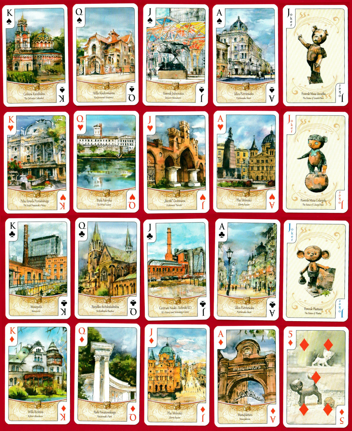 Łódź Souvenir playing cards illustrated by Katarzyna Tomala and published by Czwórka, Kraków, Poland, 2022