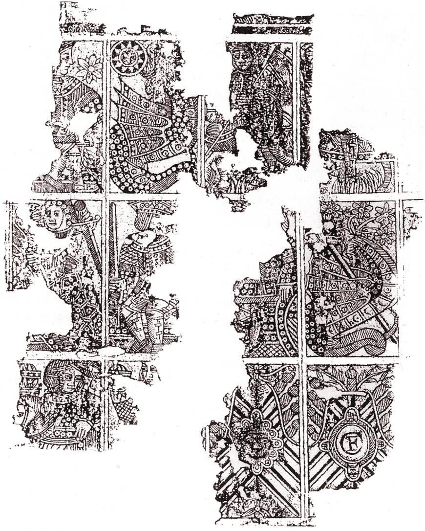 fragment of a sheet of archaic Spanish-suited ‘Dragon’ playing cards found during restoration of a house in Antwerp built between 1559 and 1574, when the histories of Spain and the Netherlands were intricately connected Early Spanish/Portuguese 'Dragon' type c.1550