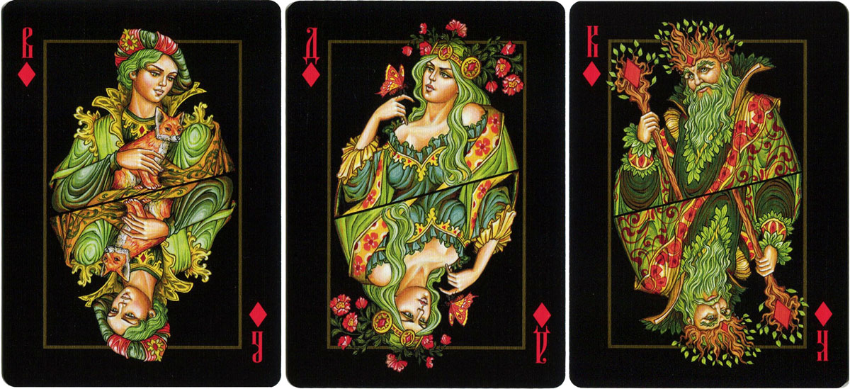 The Four Worlds playing cards by artist Aleksey Zhiryakov in the stylistic traditions of Palekh, 2018