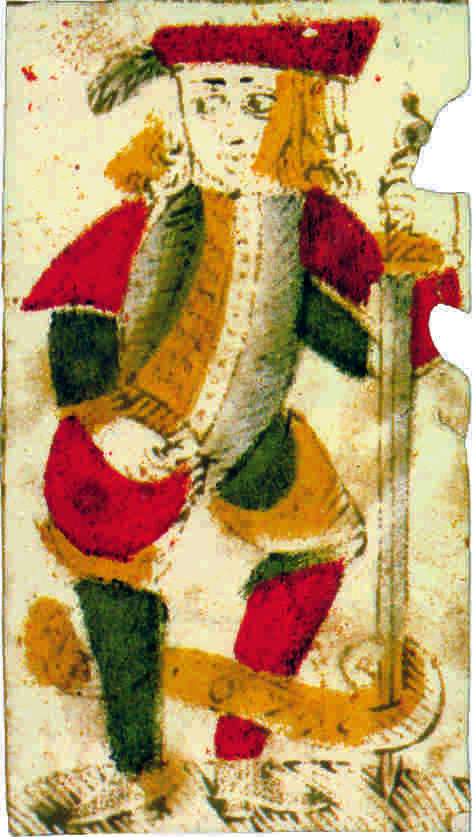 Sota de espadas de la baraja de Almagro en cuya banderola figura el año de 1729