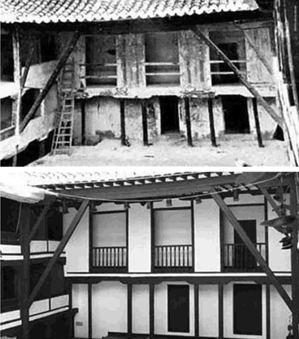 Arriba, estado en el que se encontraba el corral de comedias. Abajo, el mismo espacio tras su restauración en 1952