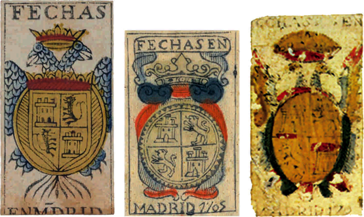 Ases de tres barajas del modelo “Madrid clásico” fechadas en 1648, 1705 y 1729 (Almagro)