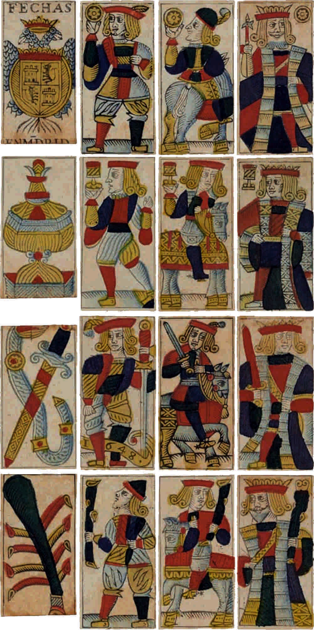 Ases y figuras de la primera baraja conocida del modelo “Madrid clásico”, fechada en 1648