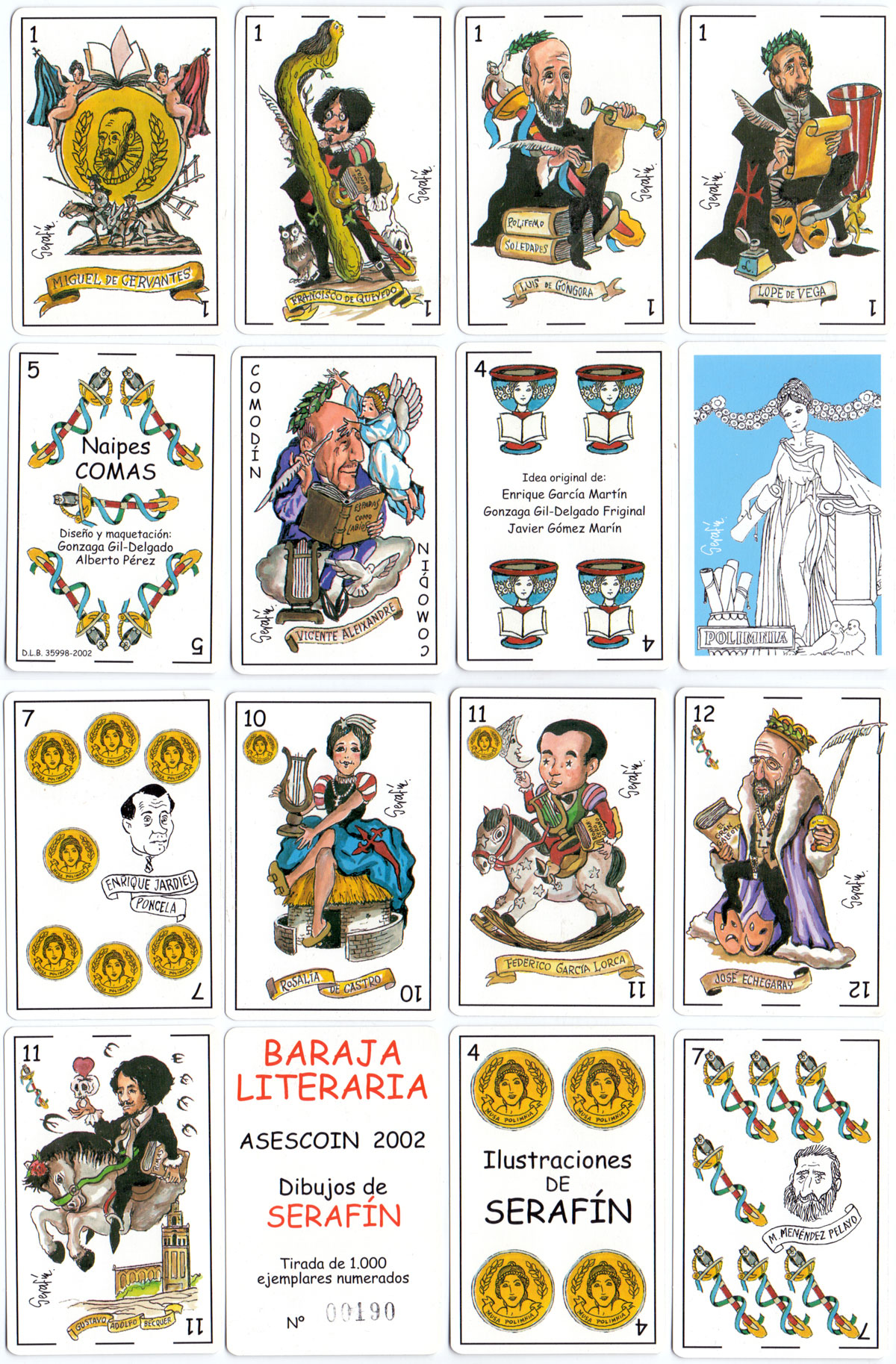 “Baraja Literaria” Spanish pack with cartoons by Serafín, published by Asescoin and manufactured by Naipes Comas, 2002