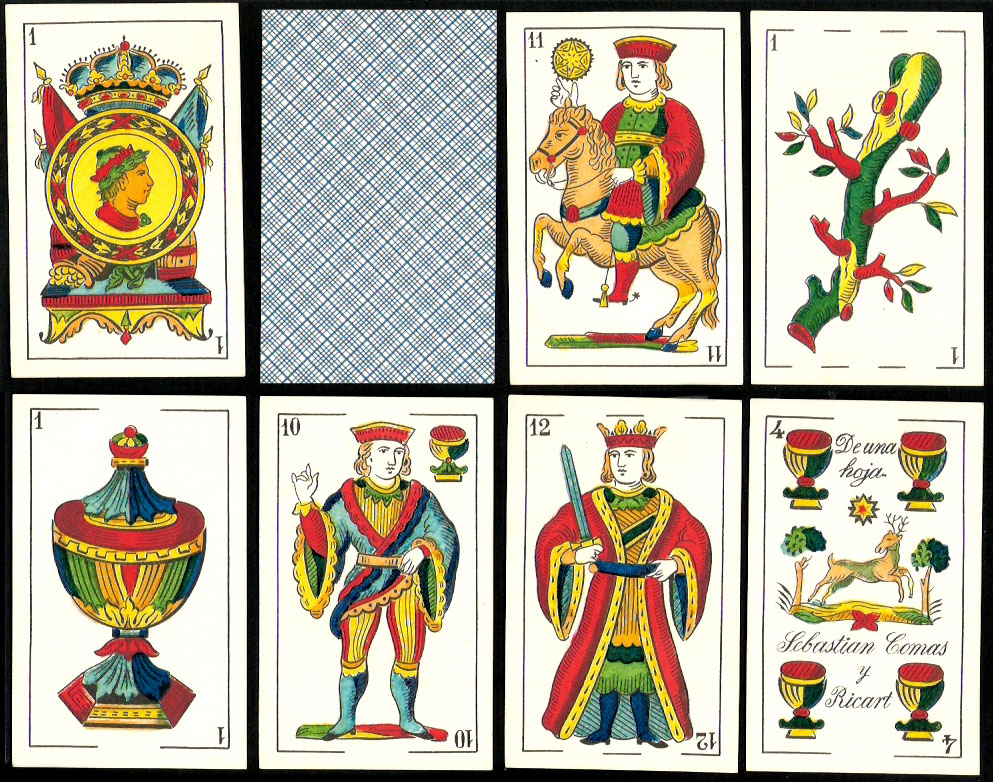 standard Catalan pattern deck manufactured by Sebastian Comas y Ricart, Barcelona c.1892 standard Catalan pattern deck manufactured by Sebastian Comas y Ricart in Barcelona c.1892