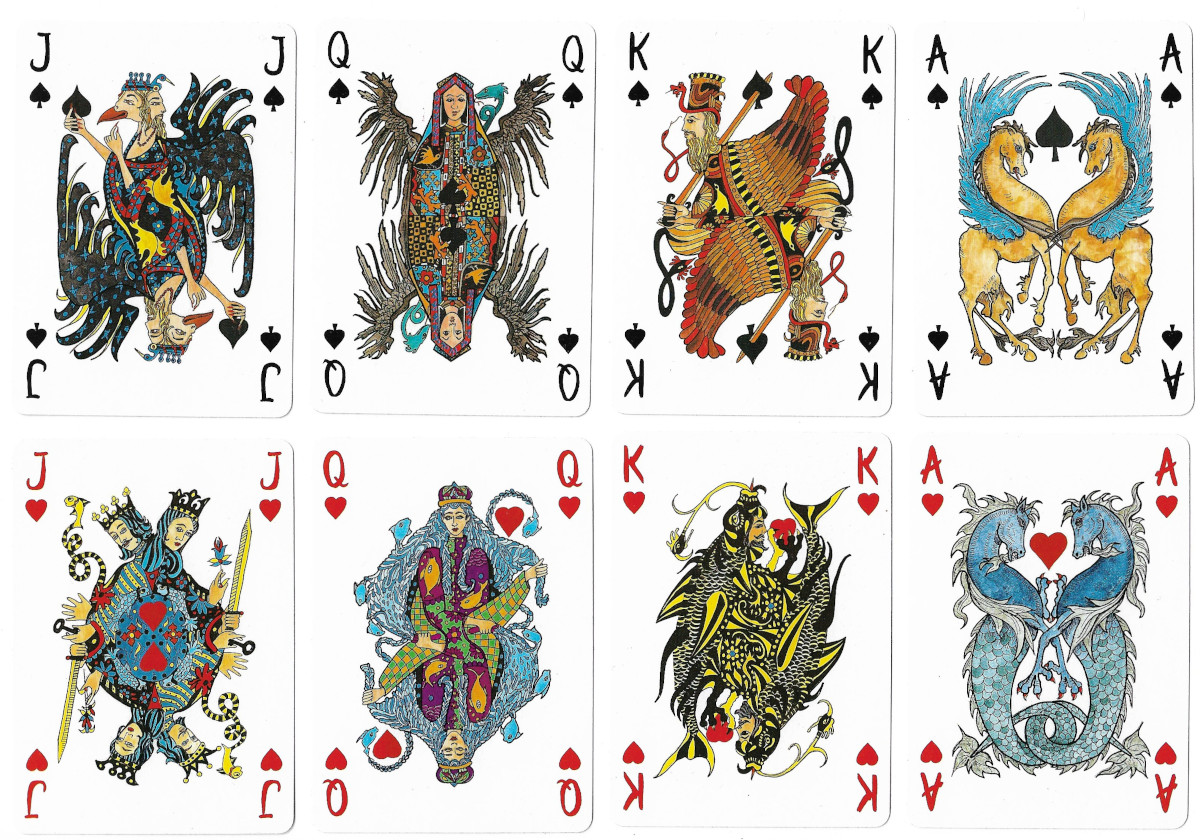 Semi-transformation playing cards by artist Violeta Monreal, produced by Naipes Heraclio Fourner, Spain, 1990