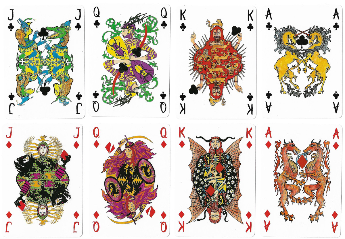 Semi-transformation playing cards by artist Violeta Monreal, produced by Naipes Heraclio Fourner, Spain, 1990