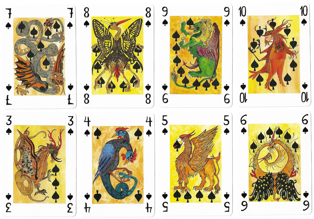 Semi-transformation playing cards by artist Violeta Monreal, produced by Naipes Heraclio Fourner, Spain, 1990