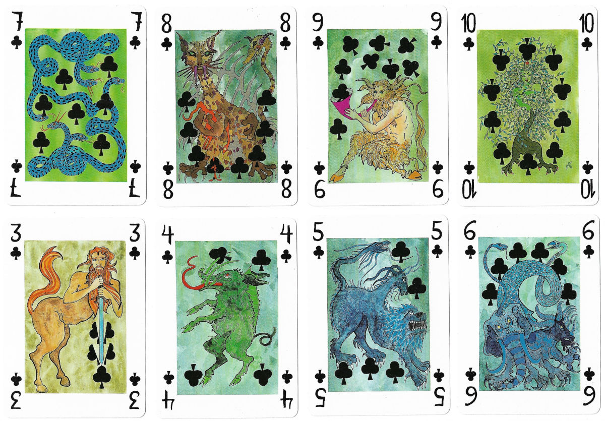 Semi-transformation playing cards by artist Violeta Monreal, produced by Naipes Heraclio Fourner, Spain, 1990