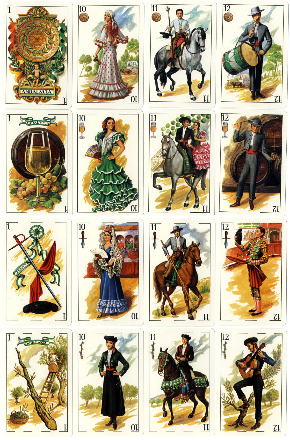 'Andalucia' non-standard Spanish-suited playing cards created by Rafael Rodriguez Hernandez and published by 
Ediciones Baja Andalucia, Sevilla, c.1980