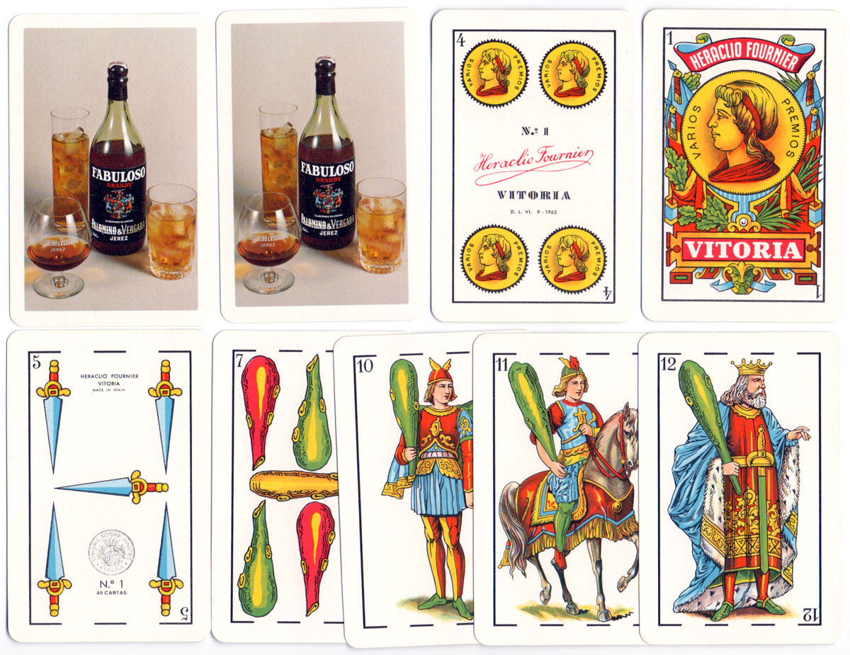 No.1 Spanish Castilian style playing cards made in Spain by Naipes Heraclio Fournier for Palomino & Vergara Jerez Fabuloso, 1970