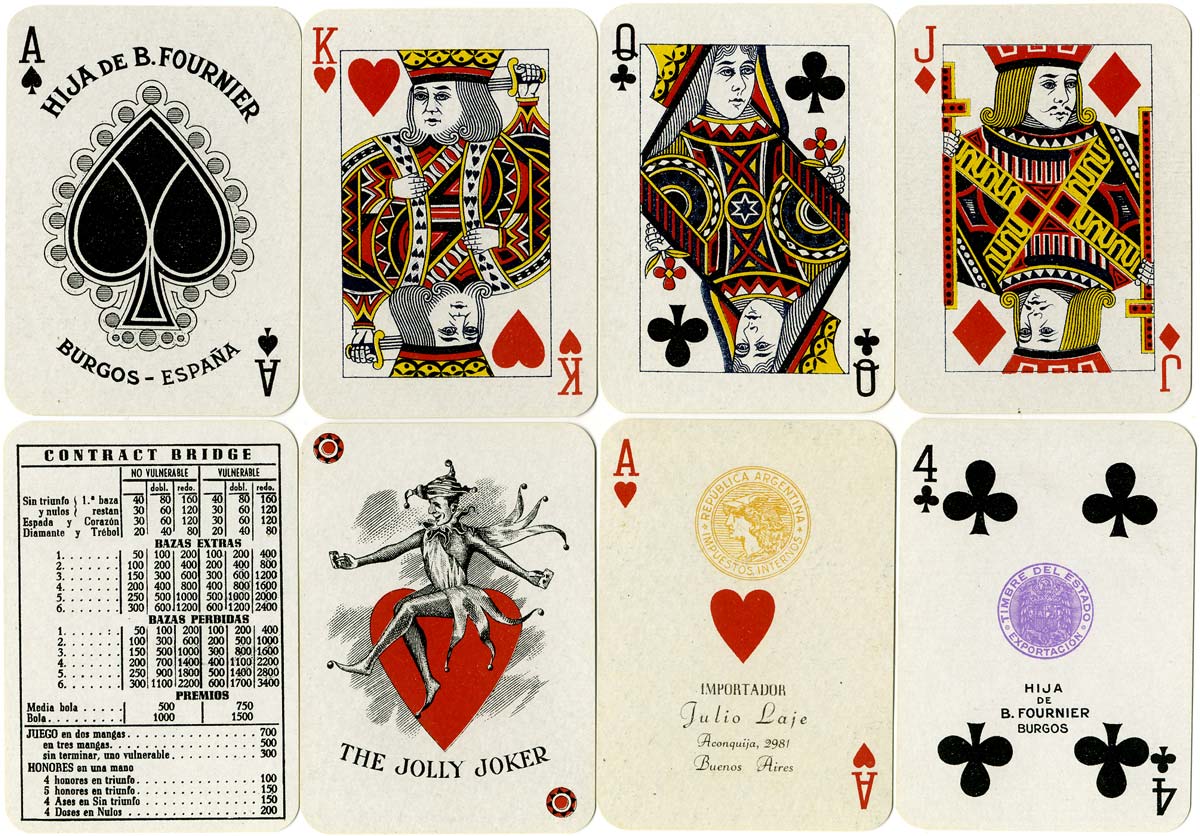 cards from a pack of 'No.4 A' Anglo-American style playing cards printed by Hija de B. Fournier, Burgos c.1940 for export to Argentina