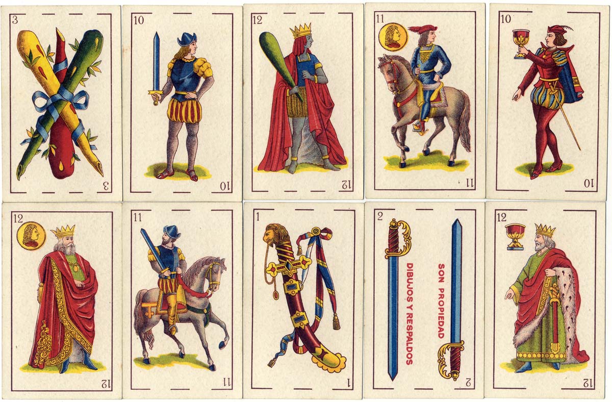 cards from a pack of 'Florete' playing cards printed lithographically by Hija de B. Fournier, Burgos c.1945 for export to Argentina