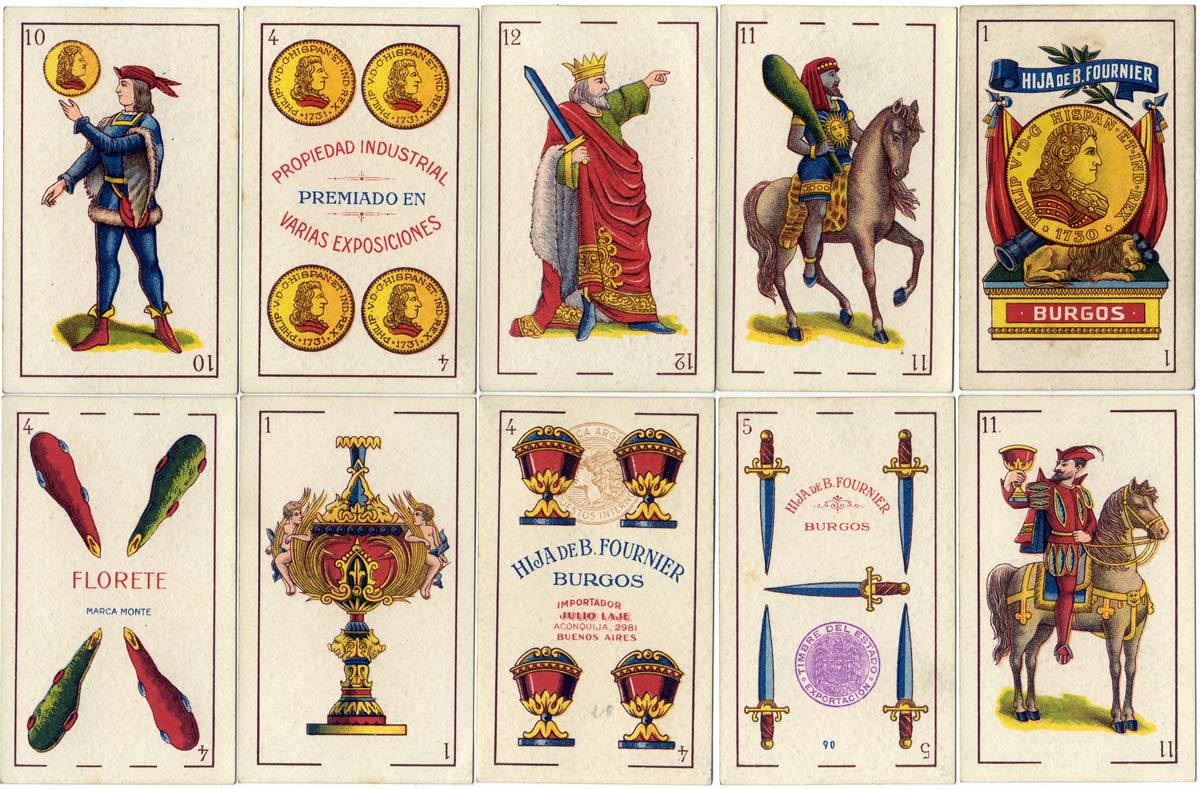 cards from a pack of 'Florete' playing cards printed lithographically by Hija de B. Fournier, Burgos c.1945 for export to Argentina